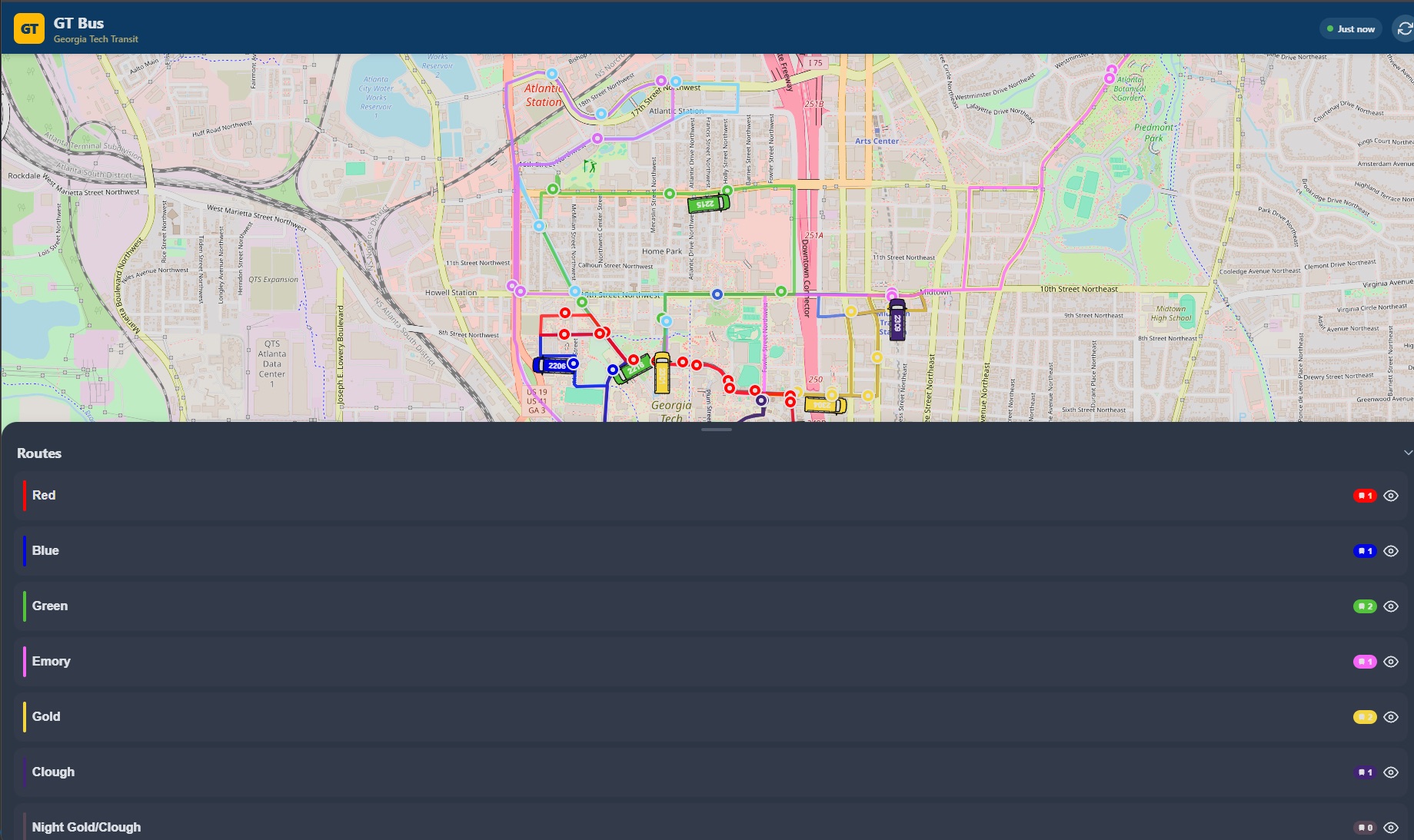 GTBus map of Georgia Tech with every route and live bus positions