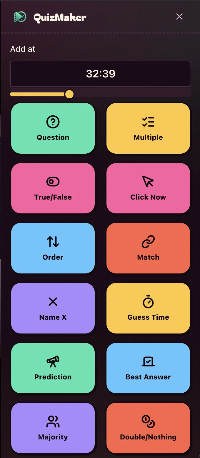 The SideFlick extension pinning a question at 32:39, with a grid of question types